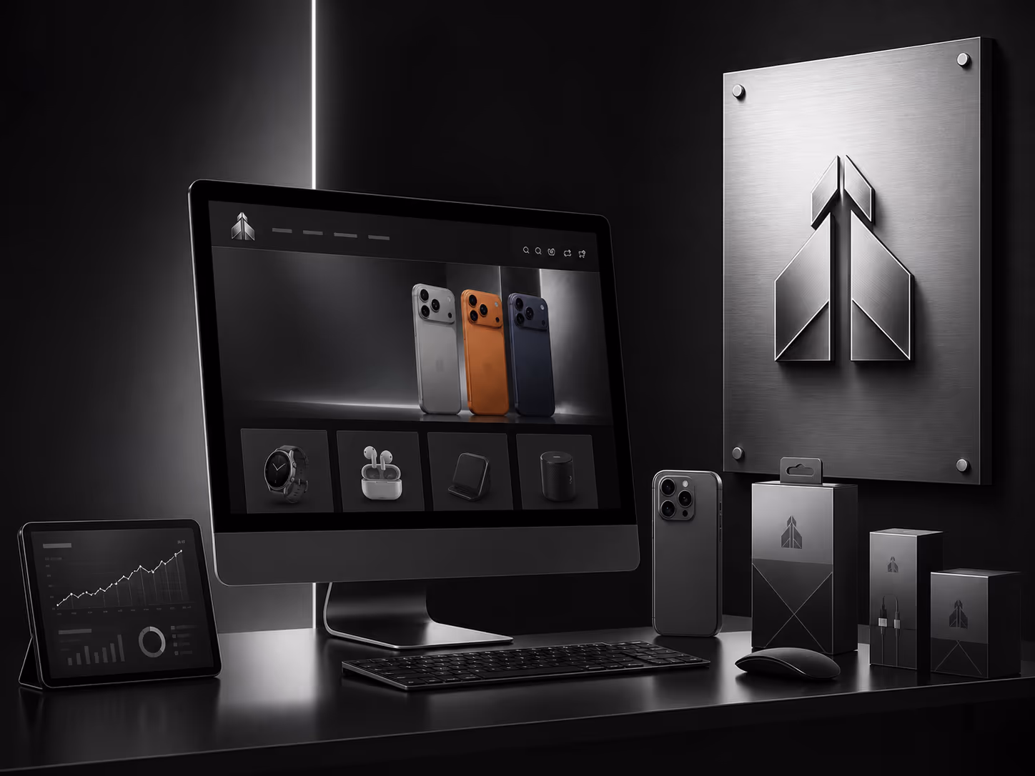 An online store on a desktop screen beside its packaging