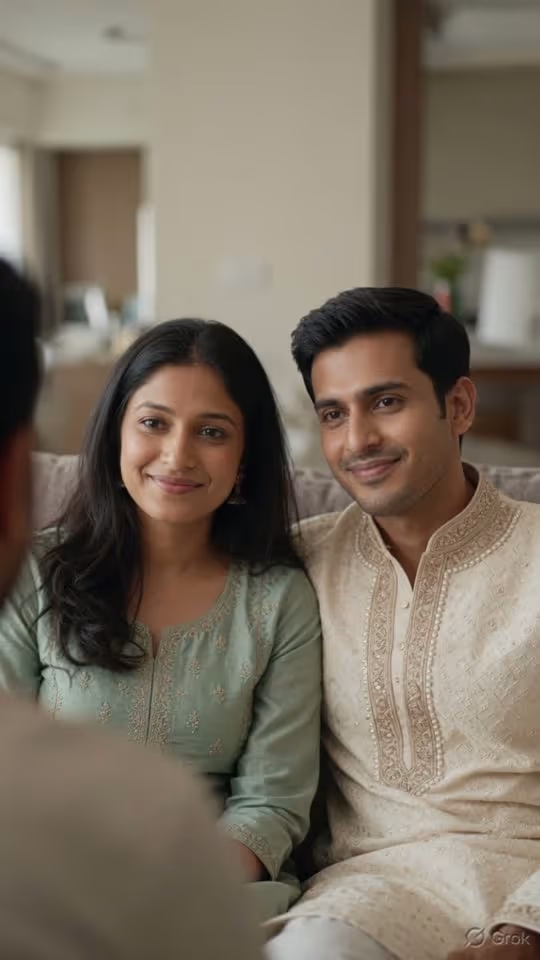 Frame from the Mantra Photobook film: a couple seated together in a living room in festive Indian dress.