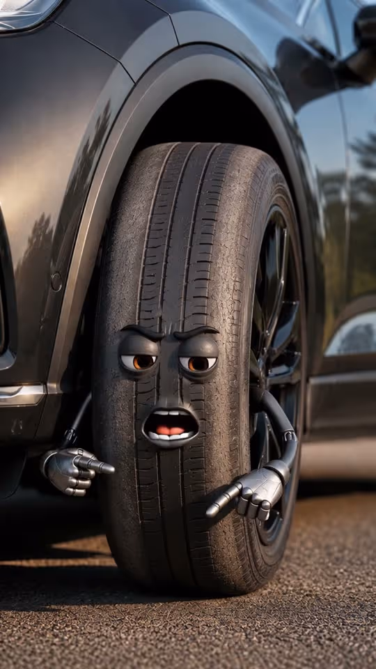 Avatar content example by Northkind: an animated character built from a car tyre presenting beside a vehicle.