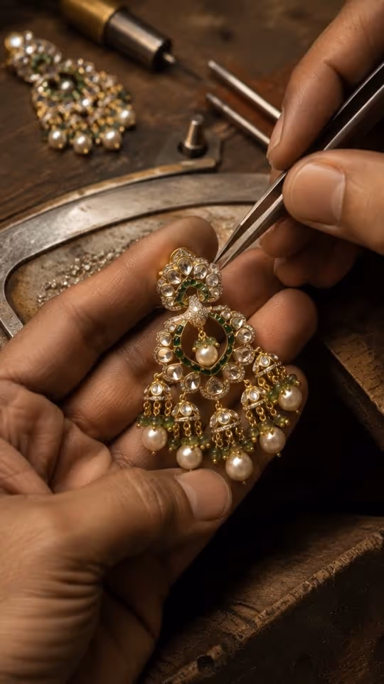 Close-up from the Riwaayat film: a jeweller's hands setting pearls into a gold earring.